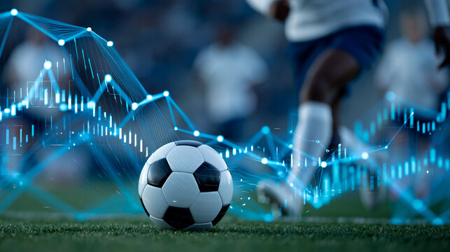 Technology in soccer game analysis, sports data analytics and performance insights concept, with copy space