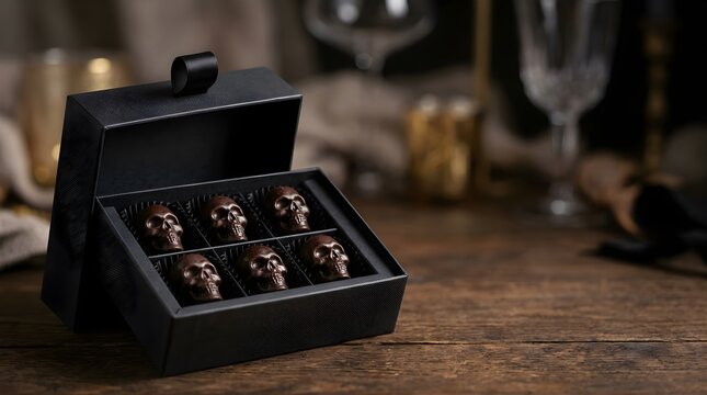 Dark chocolate skull candies in an elegant gift box on a wooden table