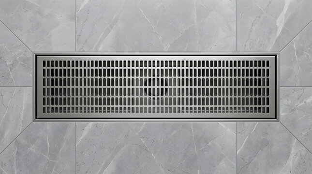 Modern Stainless Steel Linear Shower Drain in Gray Marble Floor | Luxury Bathroom Interior Design and Plumbing Fixtures | Minimalist Drainage Solution for Wet Room | Home Improvement Renovation
