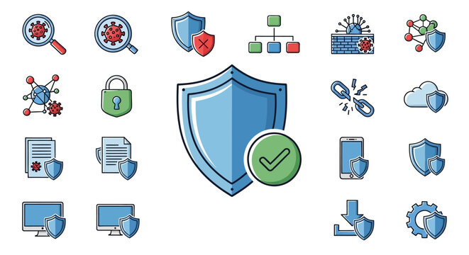 Cybersecurity icons collection with shield and checkmark.