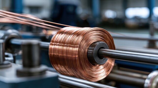 Industrial production of copper wire in a manufacturing factory, close-up of copper coil spool on a machine