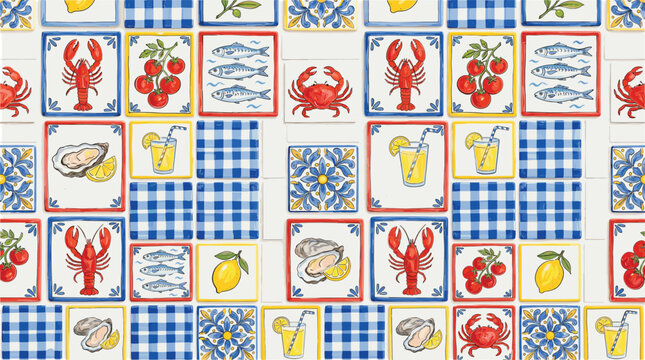 Mediterranean ceramic tile pattern with seafood and lemons, blue gingham check mosaic vector, coastal kitchen backsplash wallpaper design