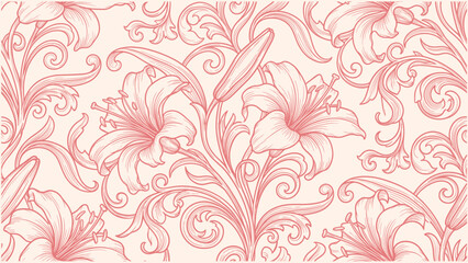 Elegant seamless floral pattern with blooming lilies and swirling vines in vintage art nouveau line illustration style. © bow