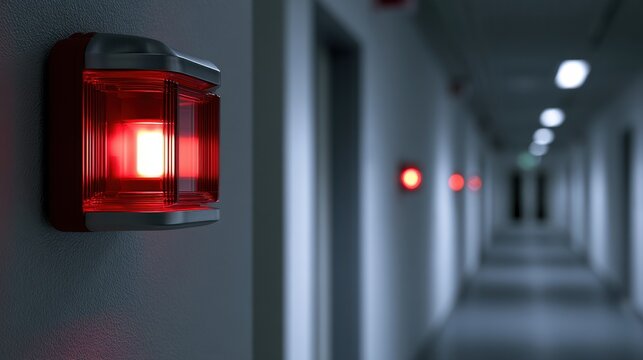 Red emergency alarm light flashing in a dark building hallway
