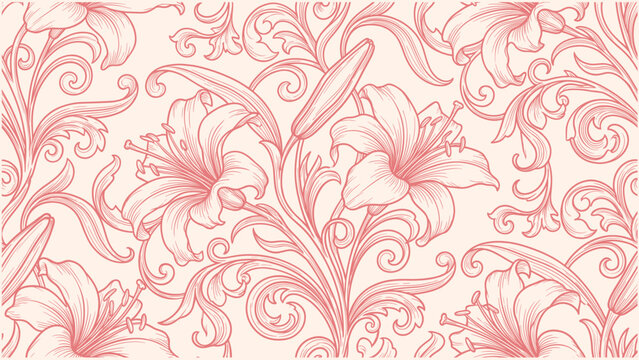 Elegant seamless floral pattern with blooming lilies and swirling vines in vintage art nouveau line illustration style.