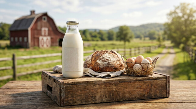 Fresh farm milk bottle homemade bread and eggs on wooden crate with red barn background