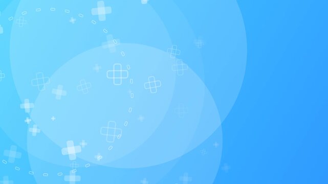 Medical healthcare background loop featuring white cross symbols and bandage plaster icons floating on a soft blue gradient backdrop. Perfect for clinical science presentation slides