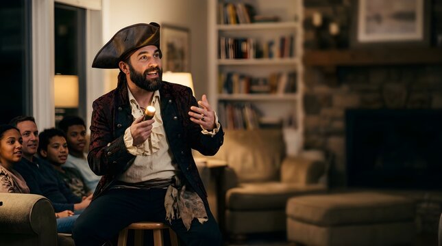 Excited man in pirate costume telling ghost stories with a flashlight to kids
