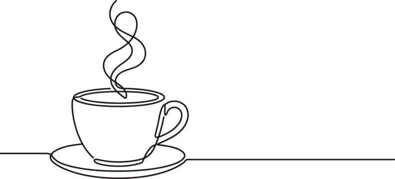 Minimalist single line drawing of a steaming coffee cup with saucer isolated on transparent background