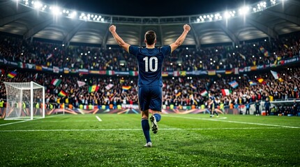 Naklejka premium Soccer player celebrating goal with arms raised in stadium