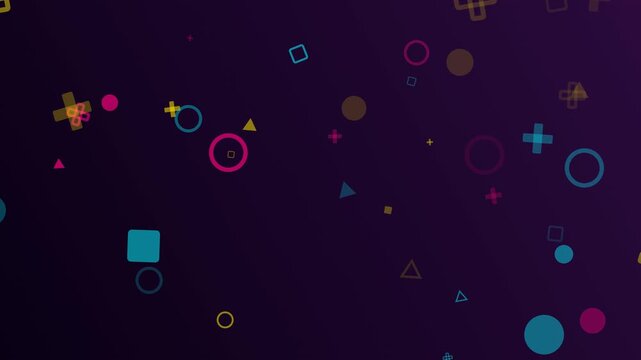 Abstract memphis background loop featuring colorful neon geometric shapes floating on a dark purple gradient backdrop. Perfect for modern retro overlays and tech presentation slides