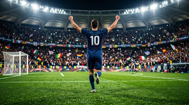 Soccer player celebrating goal with arms raised in stadium