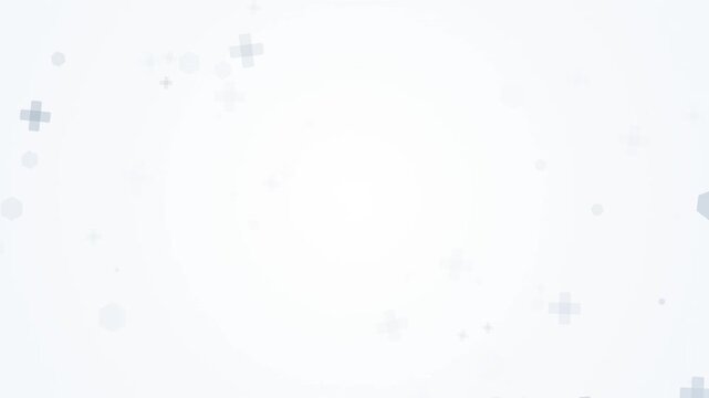 Clean white medical background loop featuring gray cross icons and soft hexagons floating gently on a bright backdrop. Perfect for clinical science and pharmacy presentation slides