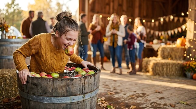 Girl bobbing for apples in a wooden barrel at a festive autumn barn party