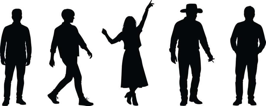 Expressive collection of human silhouettes in varied standing poses, highlighting posture, movement, and lifestyle inspiration for artistic and design reference