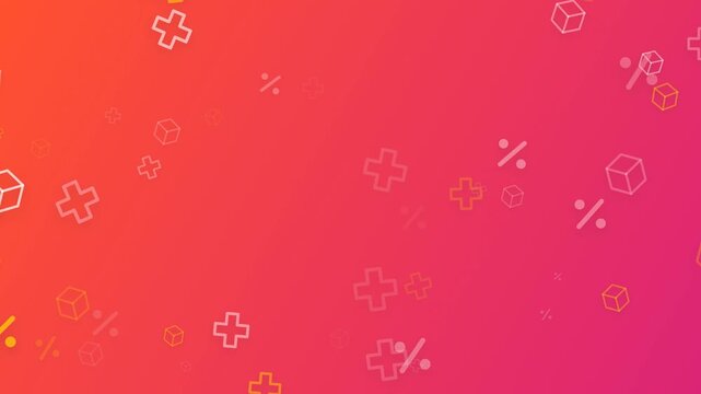 Vibrant educational background loop featuring floating math symbols, percentages, plus signs, and 3D cubes on a bright pink to orange gradient backdrop. Ideal for school presentation slides