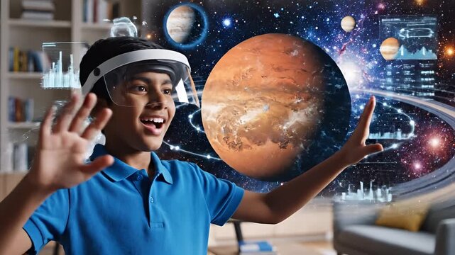 Young boy explores solar system with augmented reality headset.