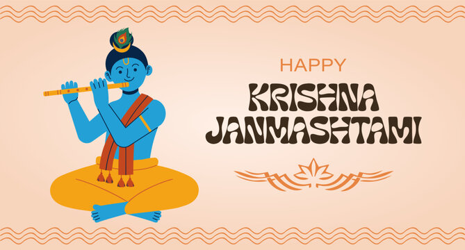 Happy Krishna Janmashtami card with Krishna with flute. Illustration, greeting card, festive banner.