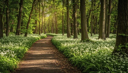 Fototapeta premium A tranquil forest path lined with white flowers, surrounded by tall trees and bathed in soft sunlight, Pathway through the forest with blooming wild garlic (Allium ursinum) sunny summer day, AI generated