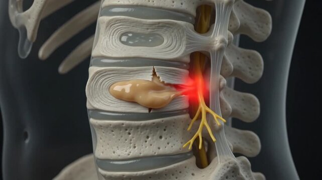 Detailed 3D Medical Animation Of A Herniated Disc Compressing A Spinal Nerve With Red Inflammation Highlighted On A Dark Background