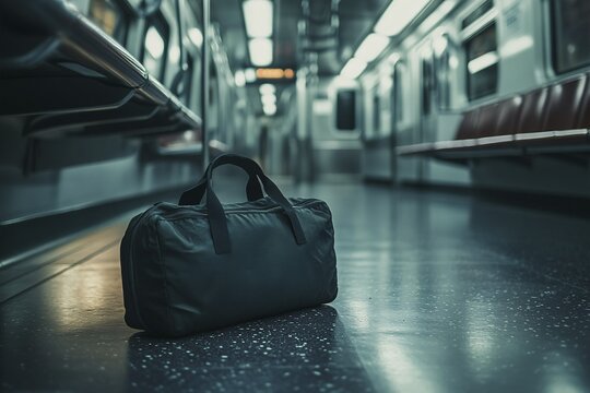 Black ownerless bag on ground in empty train. Generative AI, AI generated