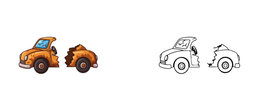Rusty wrecked toy car broken into two halves with cracked windshield in flat colored style representing old junk auto scrap on white background