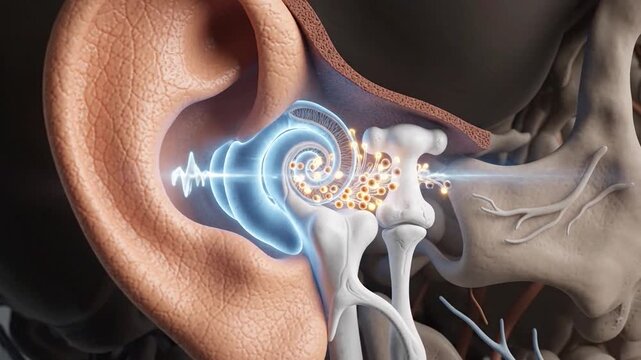 Human Ear Internal Structure Visualization Showing Sound Waves Transmitted to Inner Ear Bones on Black Background