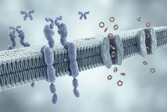 Molecular biology illustration showing how insulin hormones bind to cell receptors to regulate glucose uptake. Visualization of diabetes metabolism on a cellular level, AI generates, AI generated