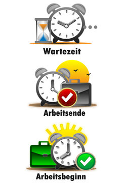 Business Time Tracking Icon-Set: Arbeitsbeginn, Arbeitsende & Wartezeit