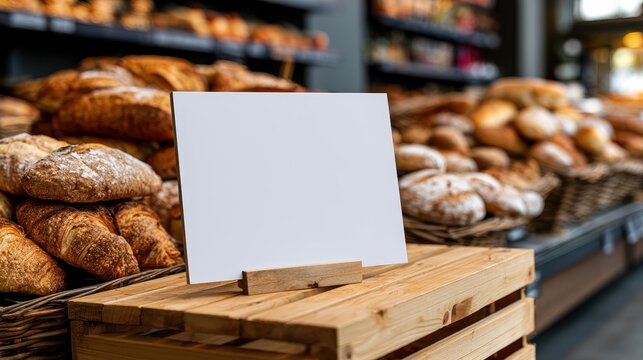Blank sign on a wooden crate in a bakery with bread and croissants