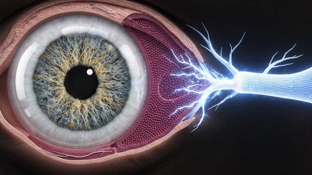 Detailed Cross Section of Human Eye Anatomy with Optic Nerve and Blood Vessels on Dark Background