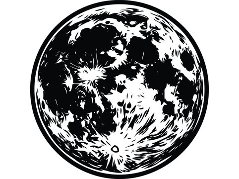 Black and white moon globe graphic with high contrast texture