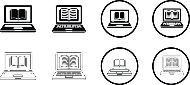 E learning icons set open book on laptop illustrations in solid and outline styles for digital education