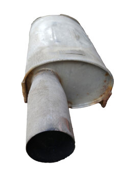 Metallic exhaust muffler with a cylindrical body and rusted edges, showcasing a tapered outlet, isolated on a white background for automotive use