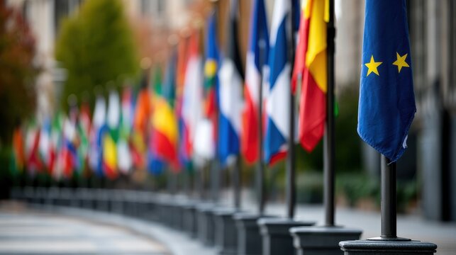 Row of international flags displayed outside in a line