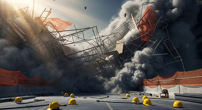 Catastrophic scaffolding roof collapse at a highrise construction site with metal frames falling through thick smoke and debris during a serious industrial accident