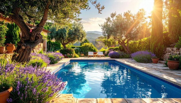 Mediterraner Garten mit Pool und Olivenb&auml;umen