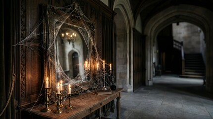 Fototapeta premium Spooky haunted mirror with cobwebs and lit candles in an old castle hall
