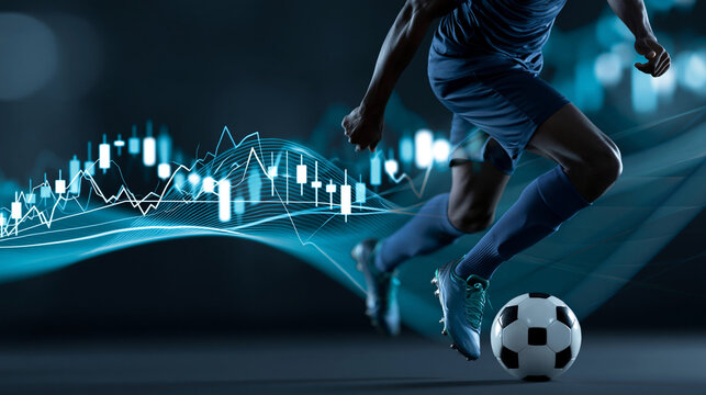 Soccer player running with a double exposure stock market graph effect, sports and finance concept, with copy space