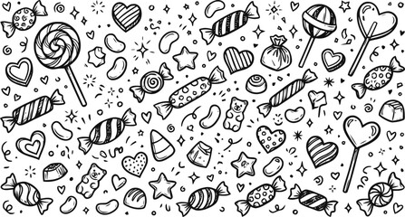 Obraz premium Hand drawn doodle candy set with sweets lollipops and chocolate treats for festive celebration design