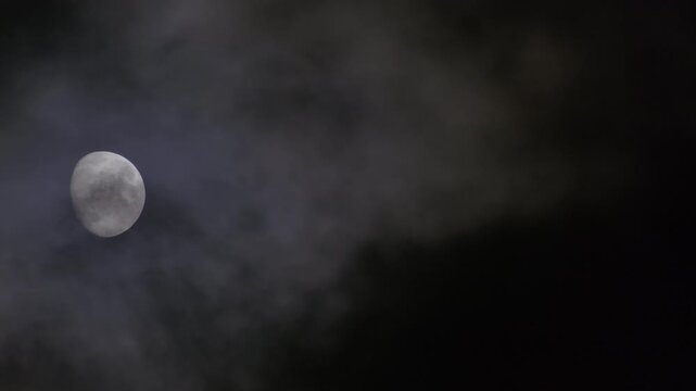 (HDR PQ 2100 10bit 4:2:2) - 4K Video of the Moon with Visible Surface Detail and Moving Clouds in a Dramatic Night Sky