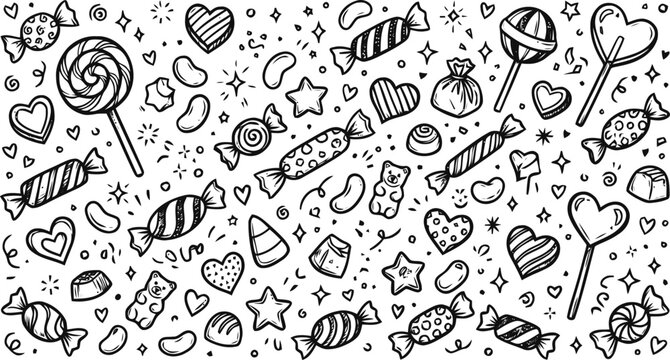Hand drawn doodle candy set with sweets lollipops and chocolate treats for festive celebration design