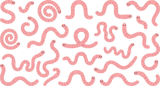 Set of cute cartoon earthworms in various poses isolated on white background for kids education