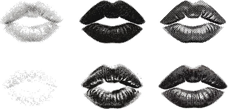Collection of realistic lipstick kiss marks in varying halftone density isolated on white background for makeup beauty and romantic graphic design elements
