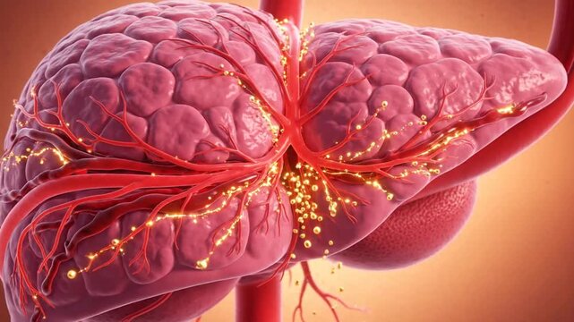 3D Rendered Image Of Human Liver With Visible Blood Vessels And Glowing Cells On A Gradient Background