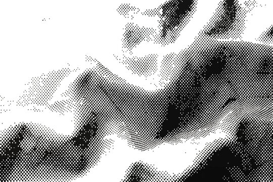 Abstract halftone texture with black dots on white background creating dynamic wave pattern for modern graphic design projects and digital artistic background elements