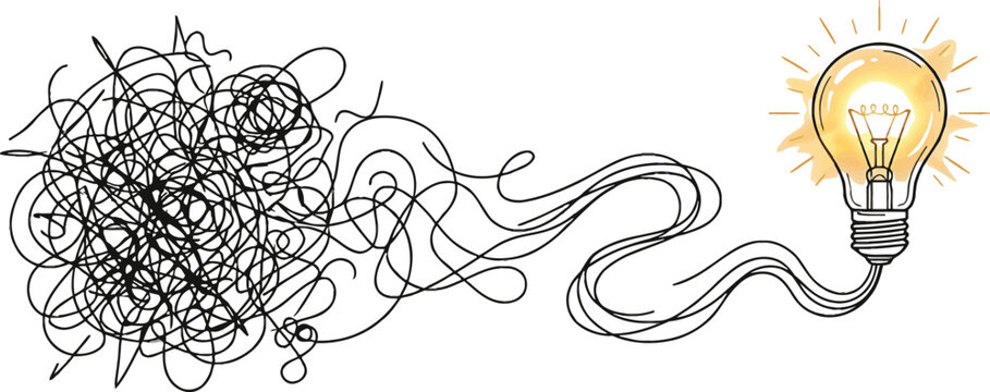 Creative concept illustration showing messy tangled lines transitioning into a glowing light bulb representing brainstorming problem solving and innovative thinking