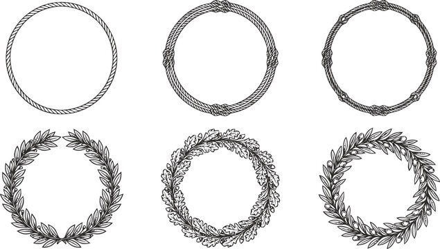 Set of six circular decorative frames featuring braided ropes and botanical laurel leaf wreaths for elegant invitation cards and vintage certificate graphic designs