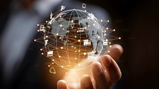 Businessman's hand holding a glowing, rotating digital projection of the earth, which is surrounded by a network of interconnected e commerce, shopping, and communication icons
