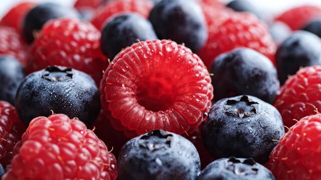 Fresh organic raspberries and blueberries mixed together for a healthy antioxidant rich fruit snack bowl